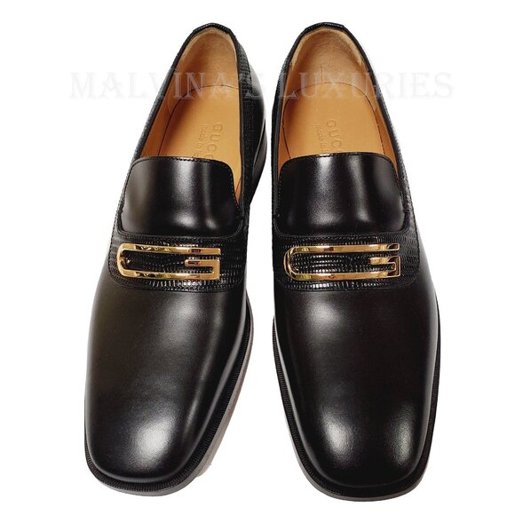 GUCCI SHOES MENS GEOMETRIC G LOGO BLACK LEATHER LOAFERS w LIZARD sz 10 10.5 - Picture 5 of 15
